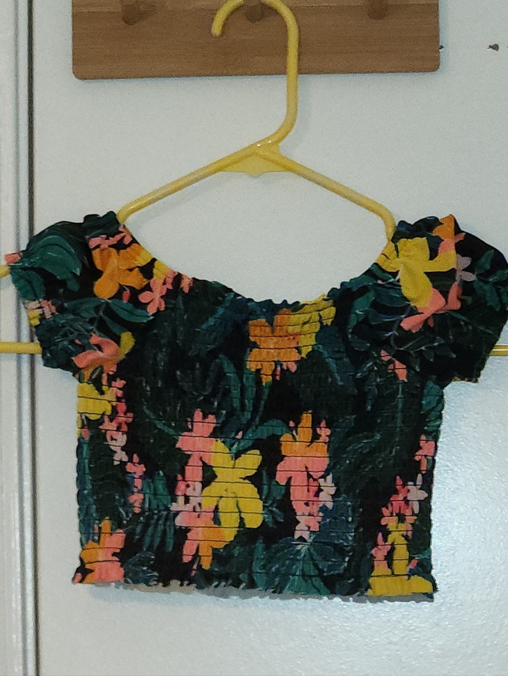 SO Black Floral Off-Shoulder Smocked Crop Top with Pink & Yellow Flowers